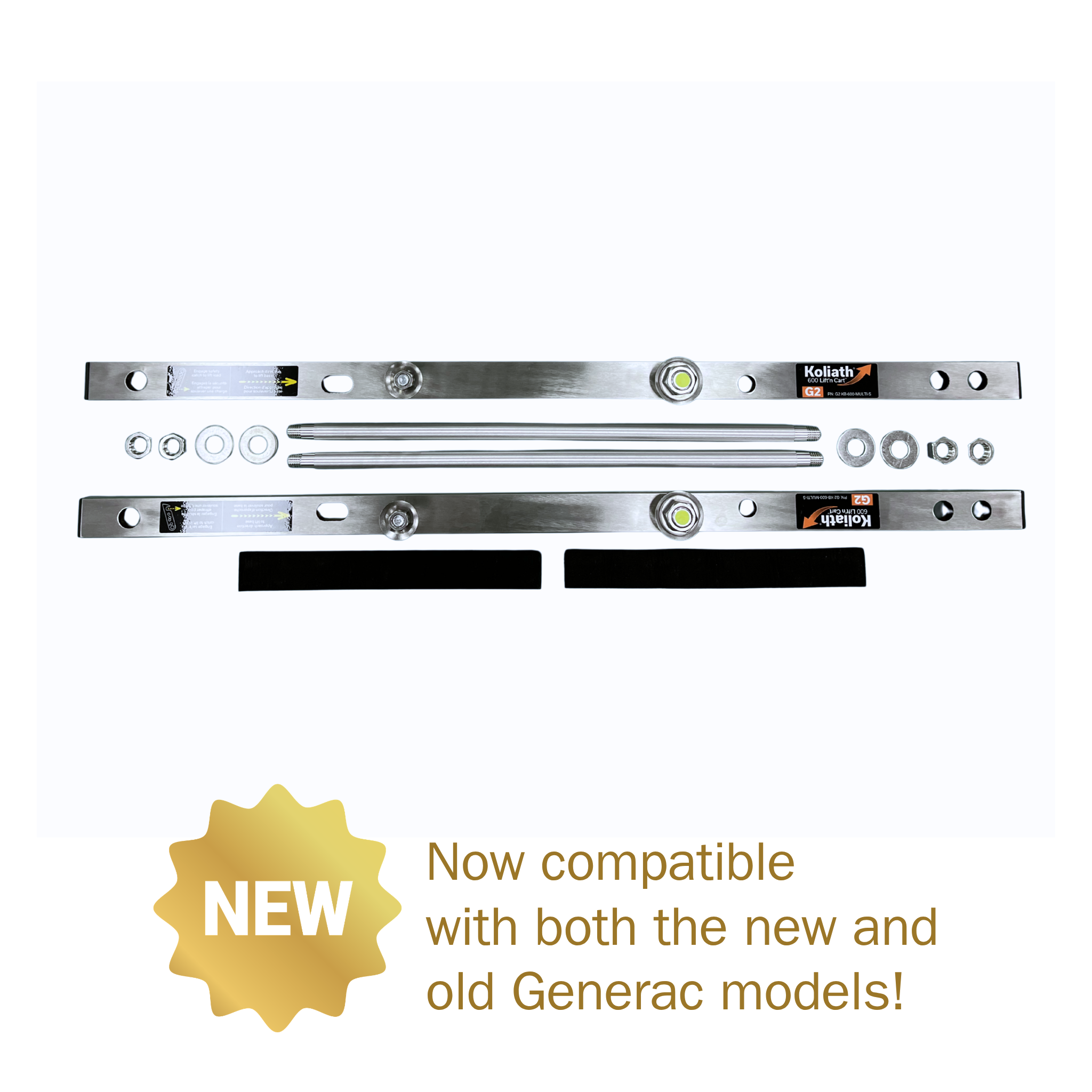 Complete Koliath Skinny Base Update Package. Photo is of rods, rails, and bolts parts on a white background.