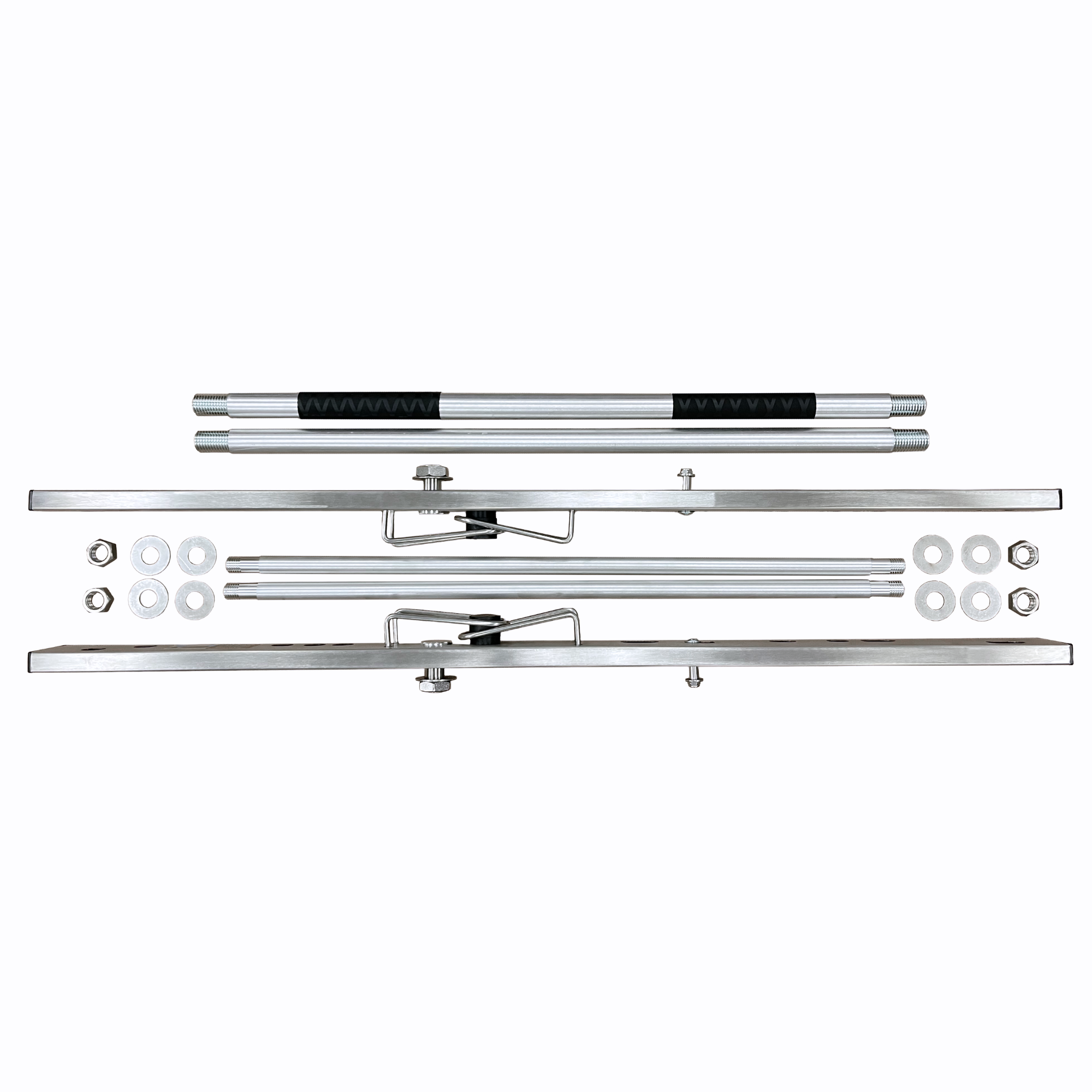 Photo shows two rods, two rails, two handles, eight washers and 4 bolts that make up the 1 and 1.5 Lift'n Cart upgrade kit